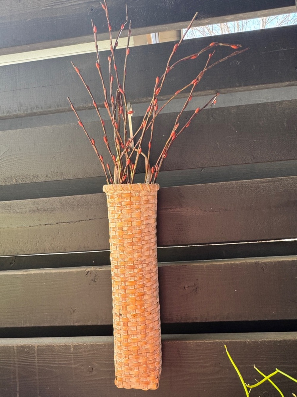 Handwoven Tan Wall Basket with Foliage